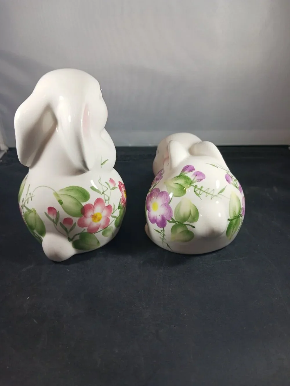 2 Vintage Ceramic Bunny Rabbit with Floral Print Body Purple Green